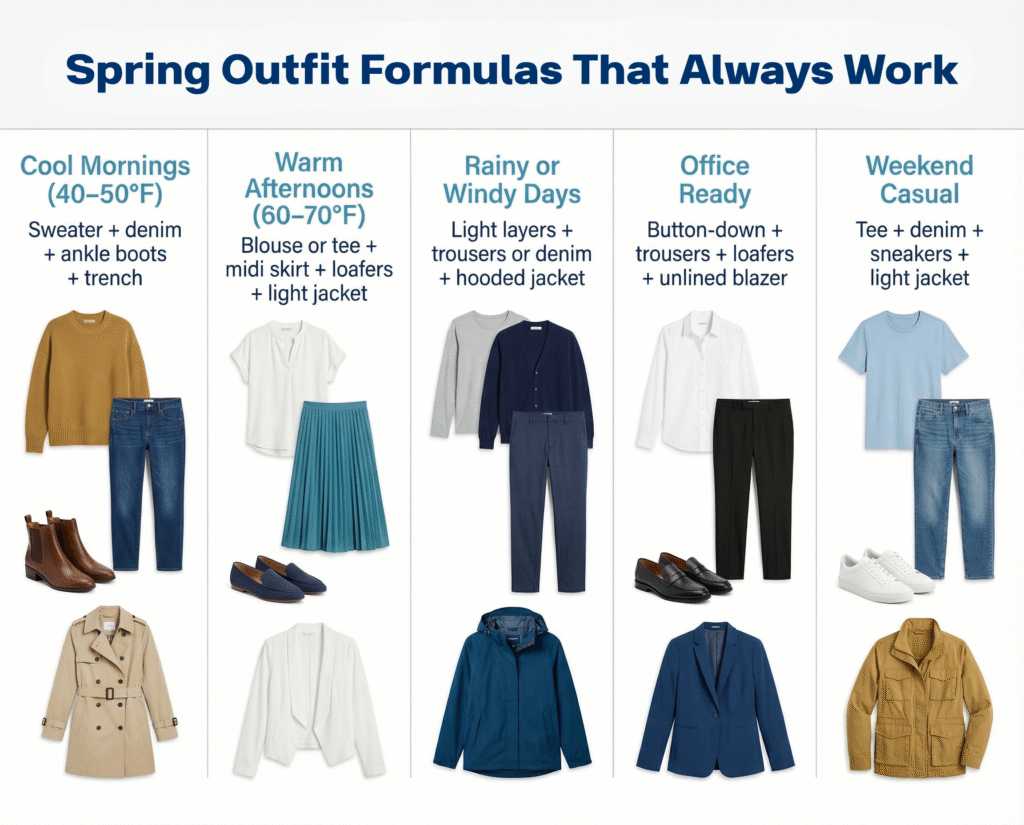Winter to Spring Style - Outfit Formulas Infographic Winter to Spring Style - Outfit Formulas Infographic